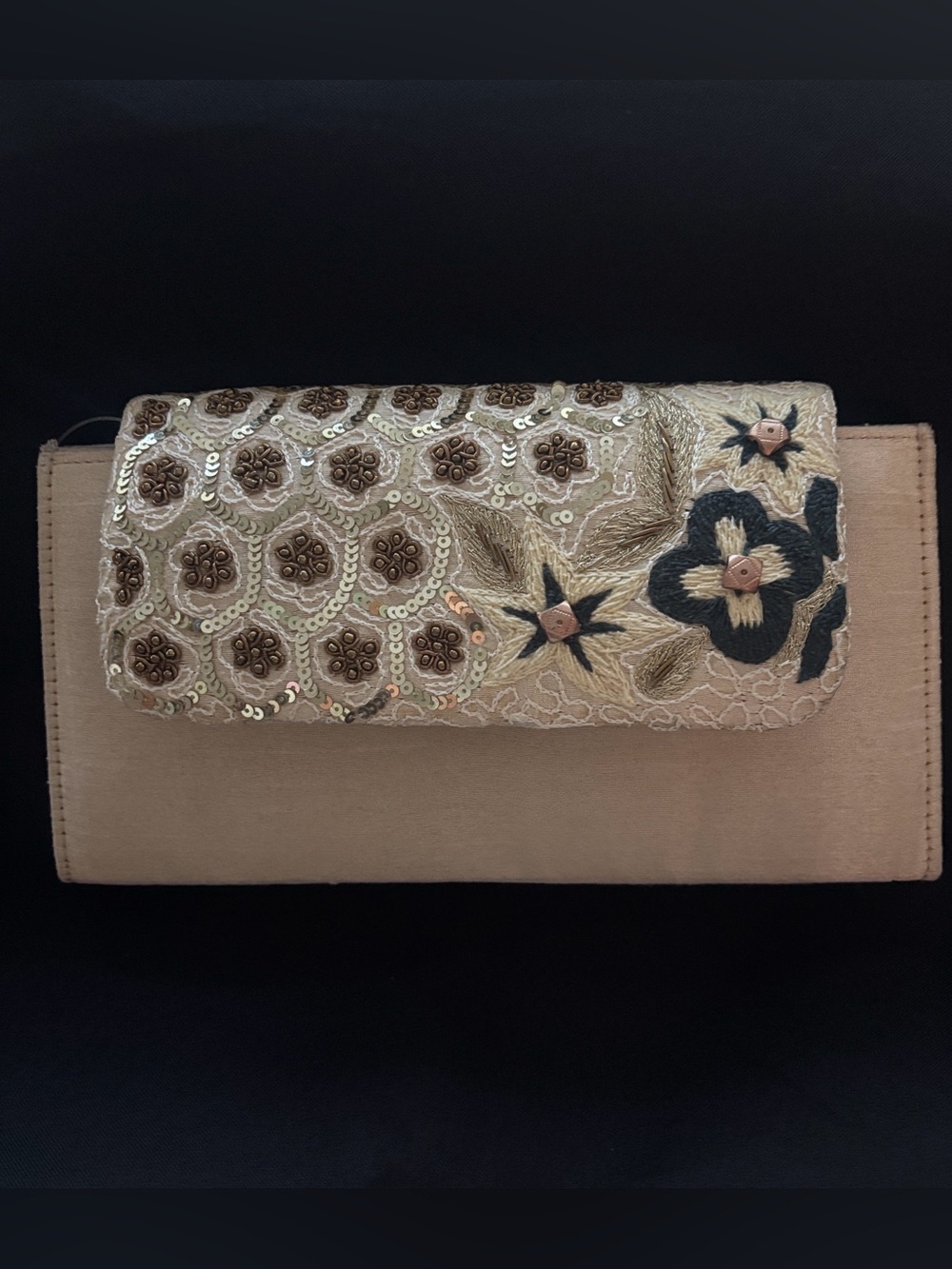 NWT Aarong Embroidered/Beaded Gold Satin Evening Clutch
